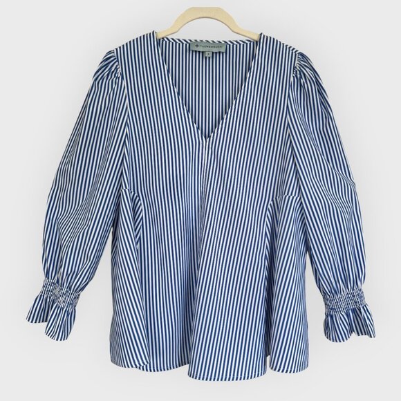 Tuckernuck Blue White Striped Blouse Smocked Sleeve V Neck Top Small - Picture 3 of 8